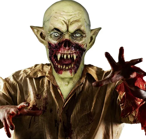 Vista 3 de Máscara de vampiro aterradora de Halloween, disfraz espeluznante de monstruo que camina muerto para fiesta, látex de cabeza completa para adultos