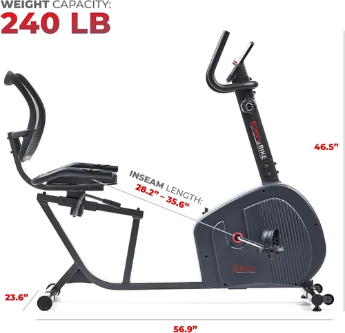 Vista 6 de Sunny Health & Fitness Bicicleta estática reclinada inteligente, asiento con cojín ajustable y respaldo de malla para entrenamiento en casa