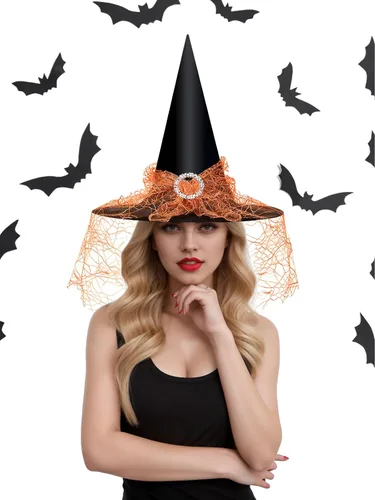 Vista 2 de Edoneery Sombrero de bruja de Halloween para mujer, encaje de malla, accesorio de disfraz de mago para fiestas de cosplay
