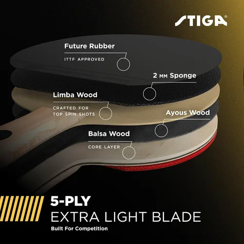 Vista 3 de STIGA Bullet Ping Pong Paddle – 5-ply Extra Light Blade – 2mm Premium Sponge – Flared Handle for Masterful Grip – Performance Table Tennis Racket