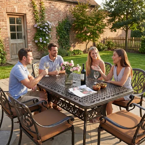 Vista 2 de VIVIJASON Mesa rectangular de comedor para patio al aire libre, mesa de patio grande rústica de aluminio fundido de bronce con agujero para paraguas