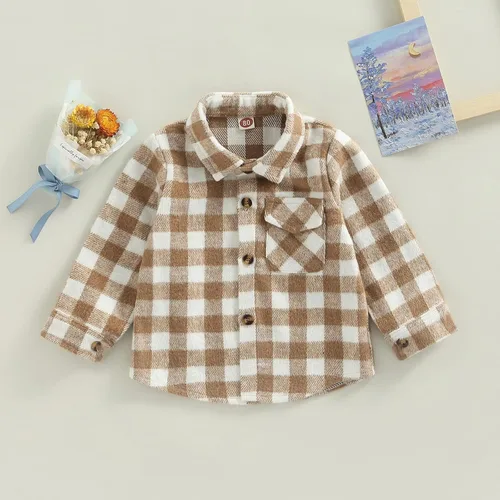Vista 2 de AEEMCEM Chaqueta de franela a cuadros para bebés, niños y niñas, de manga larga, con solapa, con botones, con bolsillos, chaqueta tipo cárdigan