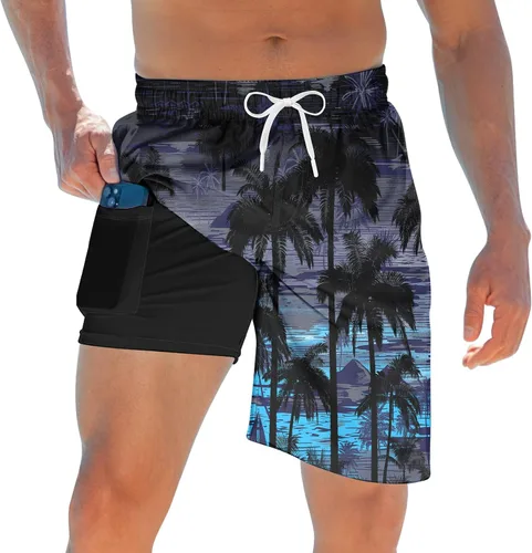 Vista 9 de Trajes de baño para hombre con forro de compresión 2 en 1 Shorts de tabla de 9 pulgadas de secado rápido con bolsillos Blanco