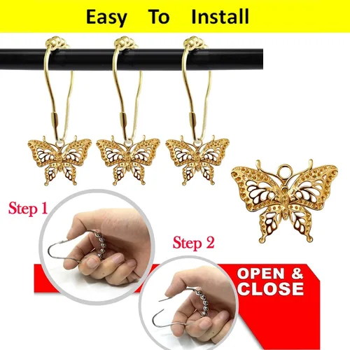 Vista 5 de Juego de 12 ganchos decorativos de mariposa para cortina de ducha, diseño de insectos para jardín, naturaleza, estilo insecto, anillos para cortina