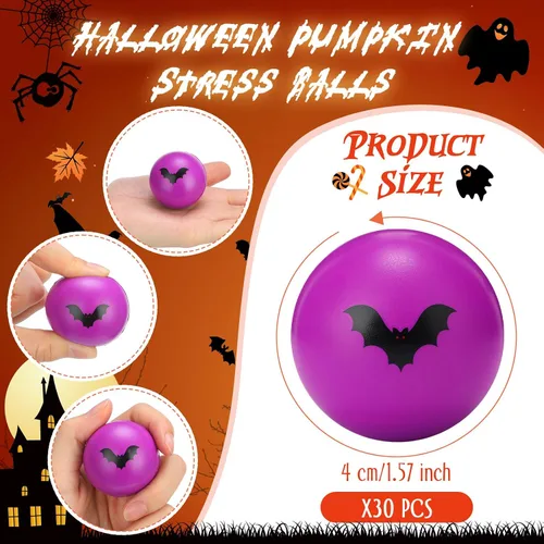 Vista 3 de Jerify 30 bolas de estrés de Halloween a granel de 1.57 pulgadas de espuma de murciélago para relleno de bolsas de regalos de Halloween, trucos