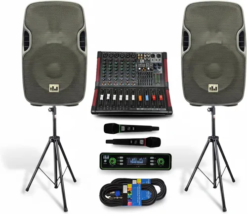 Vista 10 de Sistema PA completo, profesional, de 2000 watts, con mezclador 6 Ch, parlantes de 10 in y soporte para micrófonos inalámbricos dobles