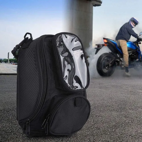 Vista 3 de Aramox Bolsa de motocicleta, negro universal motocicleta motocicleta montar fuerte aceite magnético combustible bolsa superior transparente, Popular