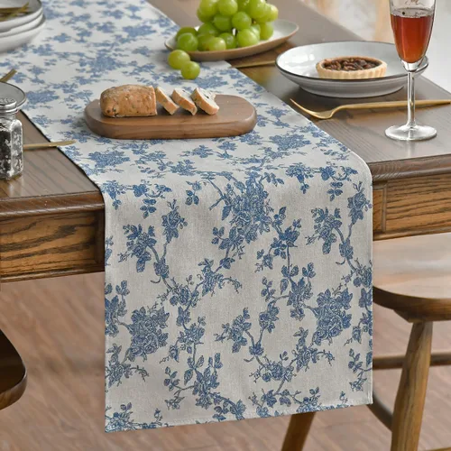 Vista 3 de Artoid Mode - Camino de mesa de rama de bosquejo monocromo, texturas de toile chinoiserie, algodón gris oscuro, decoración de mesa de cocina