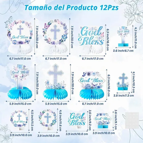Vista 2 de ANGOLIO 12 centros de mesa de bautismo en forma de panal de abeja, decoración de fiesta de cumpleaños, decoración de verano azul morado con Dios