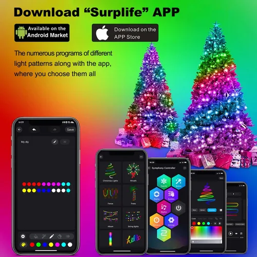 Vista 3 de Luces de cadena para árbol de Navidad con aplicación inteligente Ring, 200 luces LED cascada, impermeables IP65, modos múltiples con mando a