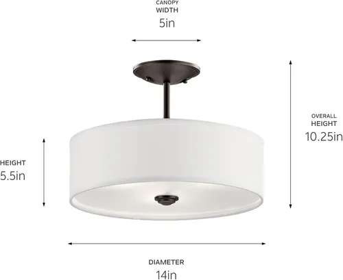Vista 2 de Kichler Shailene - Lámpara de 14 pulgadas con 3 luces redondas semiempotradas, difusor satinado blanco y pantalla de microfibra blanca en bronce
