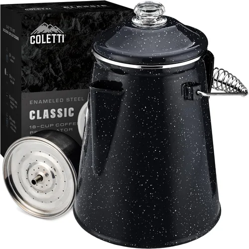Vista 14 de COLETTI Cafetera Percolator clásica: la cafetera de camping más nostálgica, ahora modernizada [esmalte negro, 12 tazas]