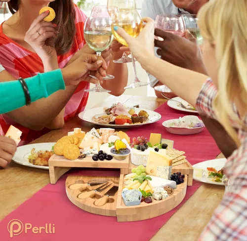 Vista 6 de Perlli Juego de tabla y cuchillos de bambú para queso, grande, plegable, de 18 pulgadas, redondo, de madera, giratoria, charcutería, plato