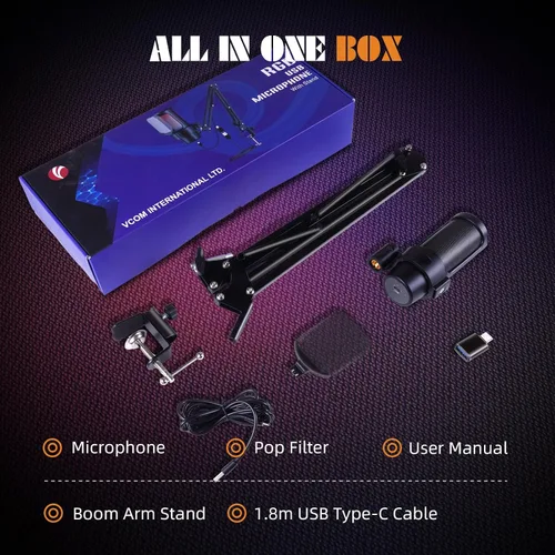 Vista 9 de VCOM Micrófono USB para juegos, micrófono de brazo dinámico de condensador para podcasting, transmisión, con soporte de brazo de brazo, silencio