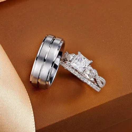 Vista 6 de Newshe Jewellery Juego de anillos de boda para él y ella, AAAAA, circonita cúbica para mujeres y hombres, anillos de tungsteno de plata de ley 925