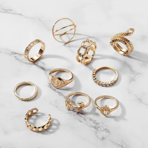 Vista 4 de Juego de anillos de nudillos dorados y plateados para mujeres y niñas 10 anillos BOHO anillos de cadena de serpiente vintage anillo de declaración