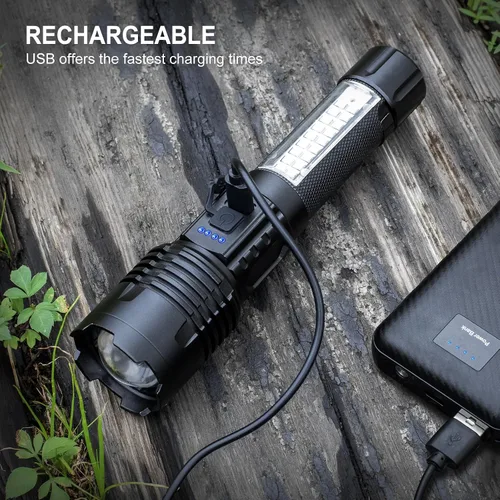 Vista 3 de Linterna LED recargable súper altos lúmenes, linterna impermeable de 7 modos, linterna brillante potente para acampar senderismo emergencia