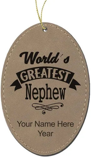 Vista 5 de LaserGram Personalized Christmas Ornament, World's Greatest Nephew, Faux Leather, Custom Laser Engraved Gift Idea (Oval Shape, Black with Gold)