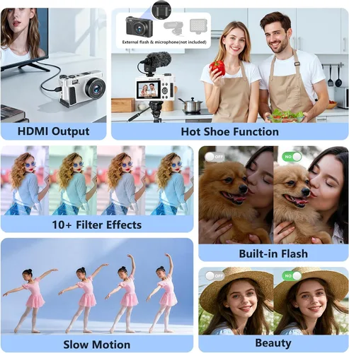 Vista 5 de Cámara digital 8K para fotografía, cámara de vlogging de 88MP para YouTube Blanco