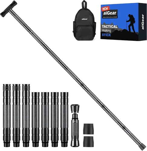 Vista 14 de aiGear G3 Tactical Walking Stick Self Defense, Upgraded Durable Hiking Stick with Multitool Adjustable 5-8 Tubes Modular Design for Hiking Camping