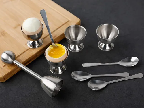 Vista 7 de Juego de decoración de galletas de huevo, soporte separador de huevos duros y duros, incluye 4 cucharas de huevos y 4 tazas de huevo, 1 cortador