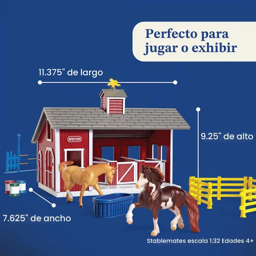 Vista 3 de Breyer Stablemates Juego de Establo Rojo con 2 Caballos – Juguetes Realistas de Caballos para Niñas de 4–8 Años, Juego de Granero con Cercas