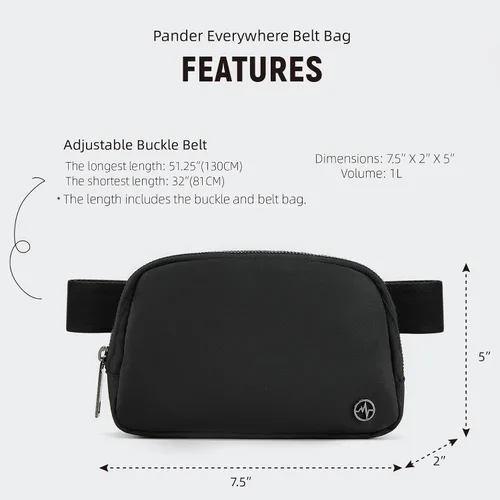 Vista 6 de Bolsa de Cinturón Pander para Mujeres, Riñoneras de Moda, Bolsas Cruzadas, Bolsa de Cinturón con Correa Ajustable, Negro, Talla única, Sólido