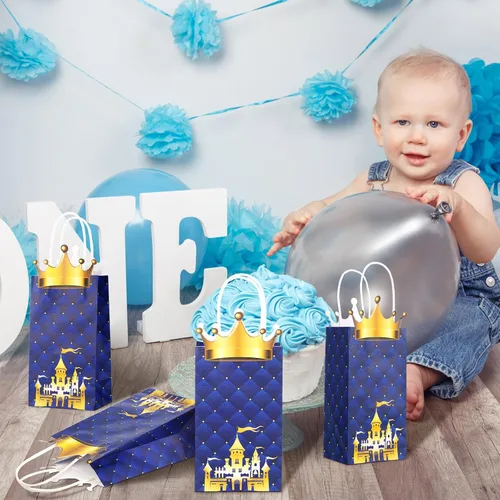 Vista 4 de Sabary Paquete de 16 bolsas de regalos de fiesta de príncipe, bolsas de regalo de corona con purpurina de príncipe con asas, papel kraft para regalo