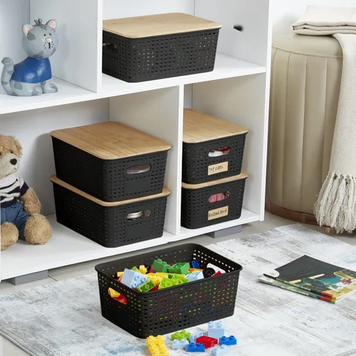 Vista 8 de Bagnizer Contenedores pequeños de plástico con tapas de bambú de 5.2 cuartos de galón, cesta apilable para despensa, contenedores decorativos lindos
