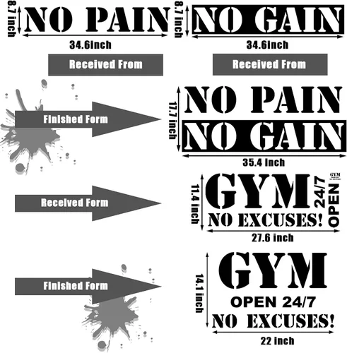 Vista 4 de 2 hojas de calcomanías de pared para gimnasio, sin dolor, sin ganancia, para gimnasio, abierto 24/7, etiqueta de motivación, cita inspiradora, gran