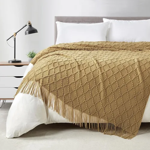 Vista 23 de Bourina Manta de punto decorativa con textura, unicolor y suave, para sofá, 50 x 60 pulgadas, almendra Knitted Throw Blanket 50x60 Inches, Soft