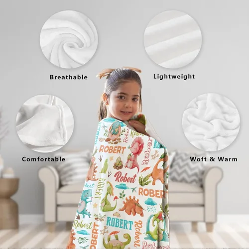 Vista 42 de Manta de regalo personalizada de dinosaurio con nombre para niñas, niños, recién nacidos, dinosaurio, manta personalizada para envolver al bebé