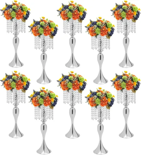 Vista 34 de Juego de 10 portavelas de metal dorado de 10.2 pulgadas de alto, florero, arreglo floral, candelabro, candelabro, portavelas para bodas, fiestas