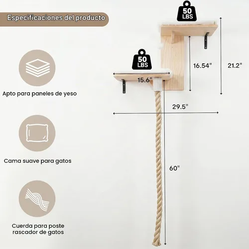 Vista 2 de Cat Wall Shelves Set with 2 Washable Beds & 4.92FT Scratching Post