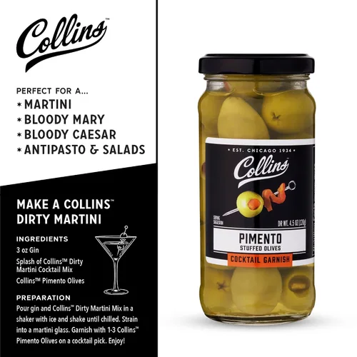 Vista 3 de Collins Aceitunas rellenas de pimiento - Aceitunas de cóctel gourmet - Aceitunas de reina españolas con pimienta de pimiento, cóctel de Martini