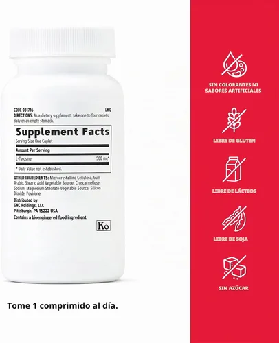 Vista 5 de GNC - L-tirosina de 500 mg, favorece la actividad normal y saludable del sistema nervioso