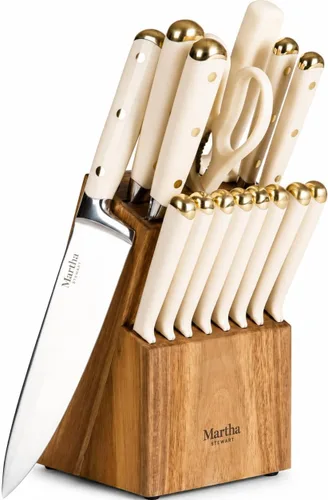 Vista 7 de Martha Stewart Juego de 16 cuchillos de cocina de acero inoxidable de alto carbono con mango forjado remachado triple de ABS, bloque de madera