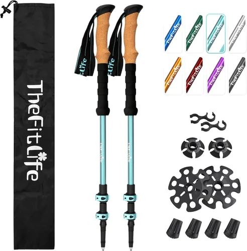 Vista 12 de TheFitLife Bastones de senderismo para senderismo y caminar, aluminio ligero 7075 con bloqueo de metal y agarre de corcho natural, bastones