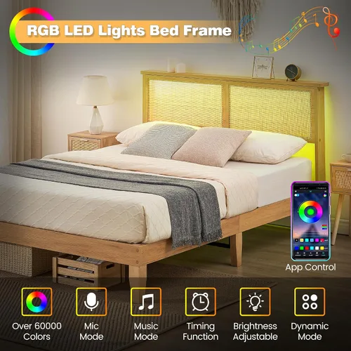 Vista 3 de coucheta Base de cama matrimonial de madera maciza de 12.4 pulgadas con cabecera de ratán natural, plataforma de tamaño matrimonial con luces LED