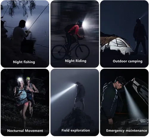 Vista 6 de Linterna frontal recargable por USB, 3000lm 90 grados ajustable manos linterna para acampar al aire libre senderismo correr iluminación