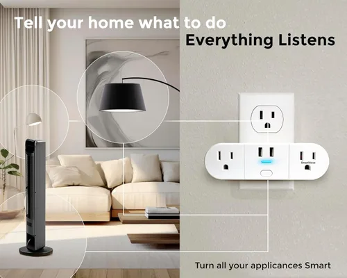Vista 6 de Emerson SmartVoice - Enchufe de pared 4 en 1, tomacorriente inteligente controlado por voz con 2 salidas de CA y 2 puertos USB-A, sin WiFi, sin