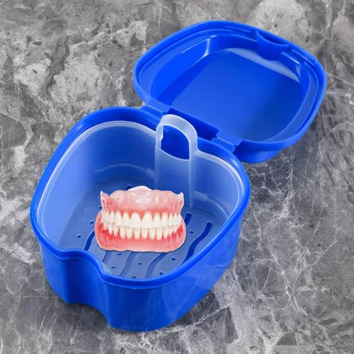 Vista 4 de Caja de dentadura azul oscuro, taza de dentadura con colador, caja de baño de dentadura postiza, caja de almacenamiento de dientes falsos con cesta