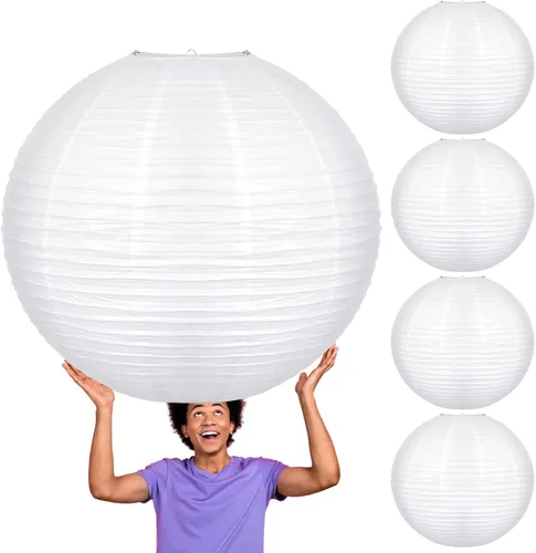 Vista 8 de Glooglitter 5 linternas grandes de papel blanco de 18 pulgadas, lámpara de papel redonda de luna china, lámparas japonesas gigantes colgantes