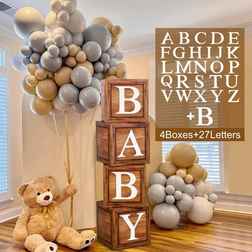 Vista 9 de Cajas de baby shower para decoraciones de cumpleaños – 4 cajas de globos de bebé de grano de madera marrón, cajas de bebé para decoración de centro