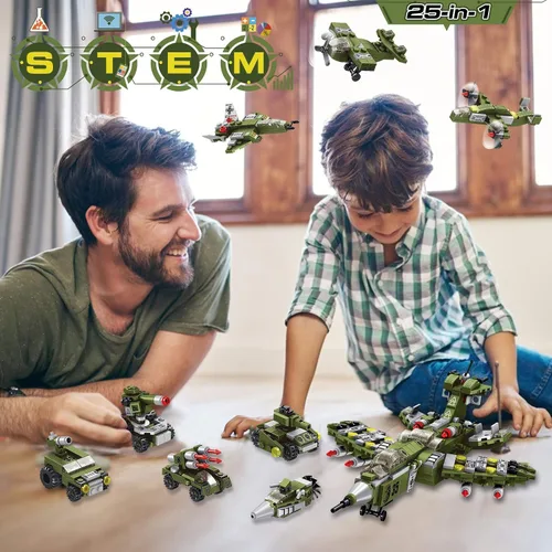 Vista 9 de Juguetes de bloques de construcción STEM, 576 piezas de ladrillos de construcción de ingeniería militar para niños, 25 en 1, destructor