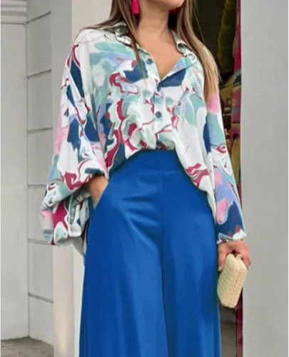 Vista 3 de ThusFar Conjunto casual de dos piezas para mujer conjunto de camisa con botones y pantalones largos de pierna ancha palazzo
