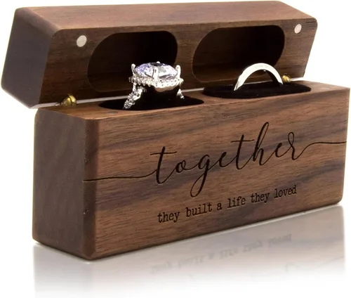 Vista 12 de MUUJEE The Adventure Begins - Caja de doble anillo – Caja de madera delgada grabada para boda, ceremonia de compromiso, propuesta de anillo – Ideas
