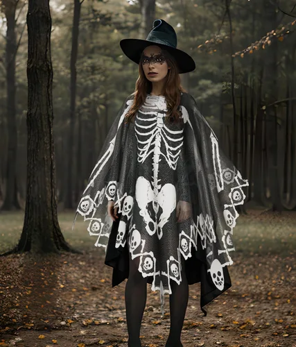 Vista 6 de Disfraz de esqueleto para mujeres adultas y poncho de esqueleto con máscara de encaje negro, utilizado para juegos de rol y actividades de vestir