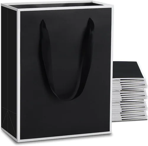 Vista 13 de Bolsas de regalo negras y doradas con asas, 20 unidades de 8 x 4.25 x 10.5 pulgadas Negro dorado
