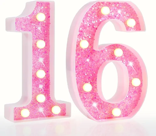 Vista 40 de Pooqla Luces de números de marquesina, números de luz rosa para niñas de 10.º cumpleaños, funciona con pilas, luz nocturna de número con purpurina